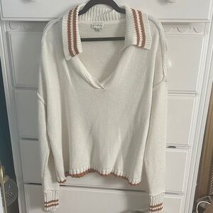 Anthropologie Cream and Brown V-Neck Sweater